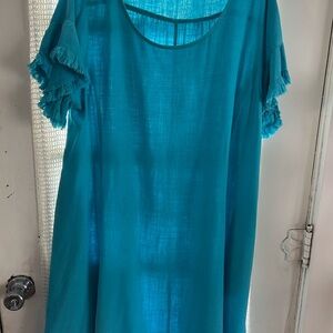 Umgee Teal Short Sleeve Ruffle-Sleeve Dress